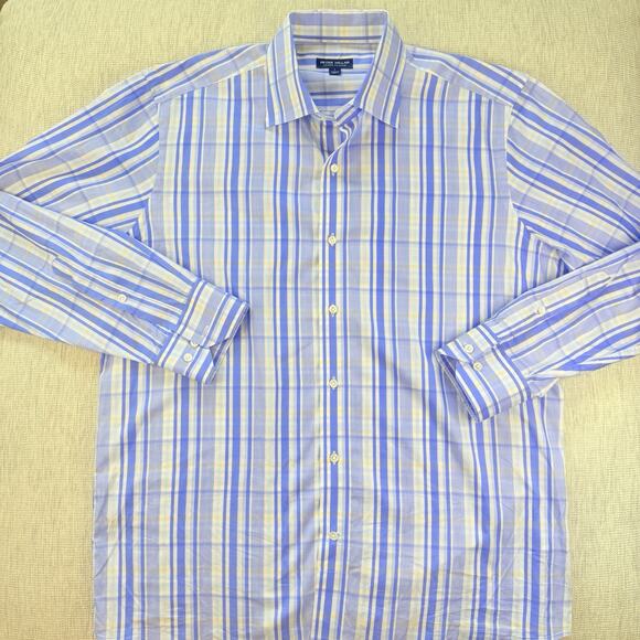 Peter Millar Crown Crafted Mens L Blue Yellow Plaid Cotton Long Sleeve Shirt - Picture 1 of 8